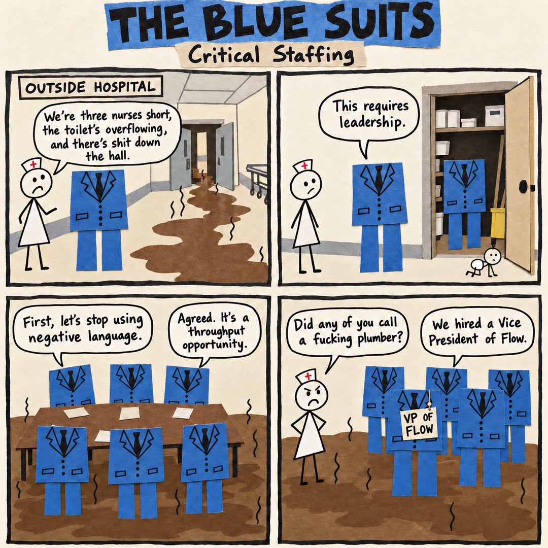 The Blue Suits comic strip, "Critical Staffing": We're three nurses short, the toilet's overflowing, and there's shit down the hall. This requires leadership. First, let's stop using negative language. Agreed. It's a throughput opportunity. VP OF FLOW Did any of you call a fucking plumber? We hired a Vice President of Flow.