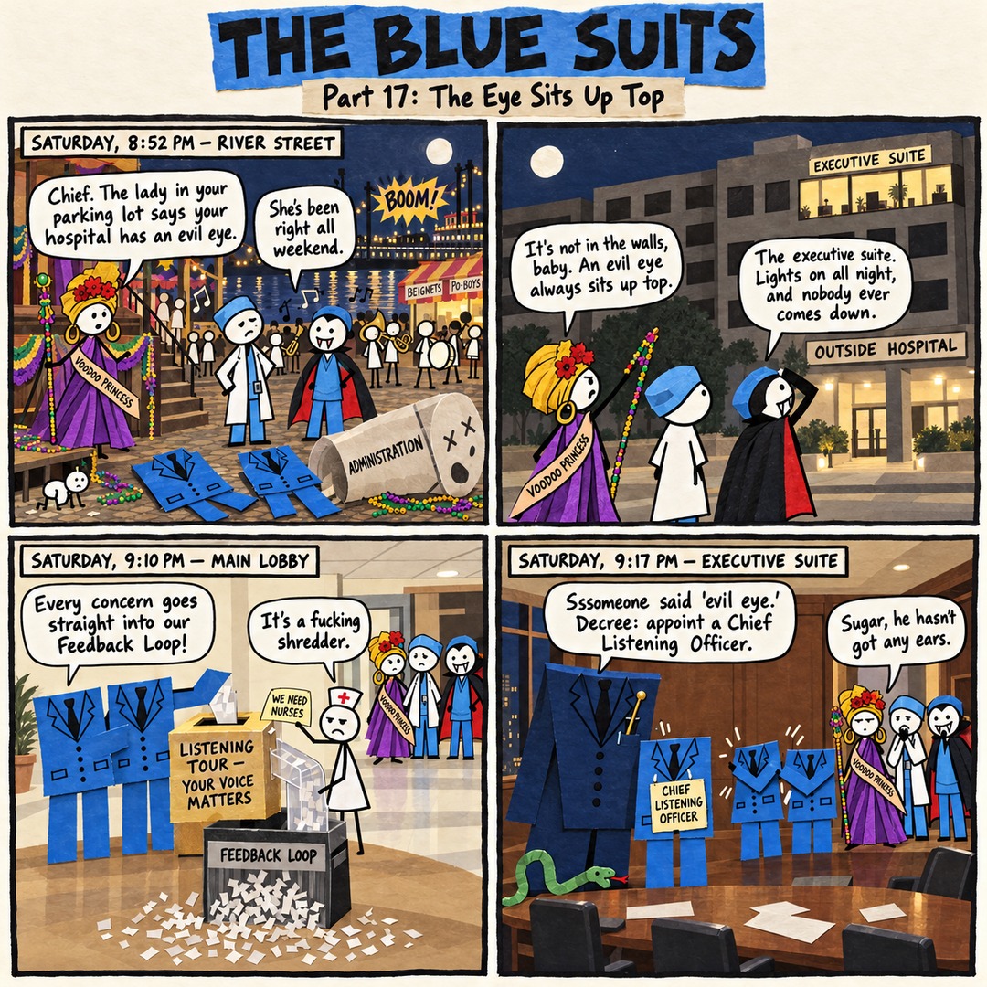 The Blue Suits comic strip, "Part 17: The Eye Sits Up Top": SATURDAY, 8:52 PM — RIVER STREET Chief. The lady in your parking lot says your hospital has an evil eye. She's been right all weekend. It's not in the walls, baby. An evil eye always sits up top. The executive suite. Lights on all night, and nobody ever comes down. SATURDAY, 9:10 PM — MAIN LOBBY Every concern goes straight into our Feedback Loop! It's a fucking shredder. SATURDAY, 9:17 PM — EXECUTIVE SUITE Sssomeone said 'evil eye.' Decree: appoint a Chief Listening Officer. Sugar, he hasn't got any ears.
