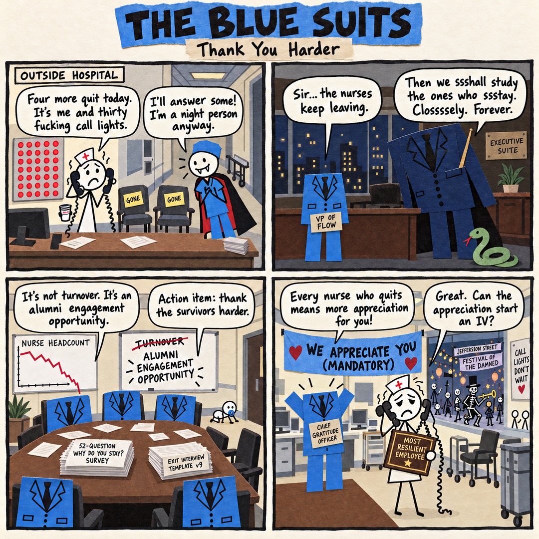 The Blue Suits comic strip, "Thank You Harder": Four more quit today. It's me and thirty fucking call lights. I'll answer some! I'm a night person anyway. Sir... the nurses keep leaving. Then we ssshall study the ones who ssstay. Clossssely. Forever. It's not turnover. It's an alumni engagement opportunity. Action item: thank the survivors harder. Every nurse who quits means more appreciation for you! Great. Can the appreciation start an IV?
