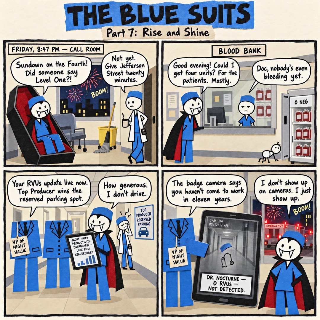 The Blue Suits comic strip, "Part 7: Rise and Shine": FRIDAY, 8:47 PM — CALL ROOM Sundown on the Fourth! Did someone say Level One?! Not yet. Give Jefferson Street twenty minutes. Good evening! Could I get four units? For the patients. Mostly. Doc, nobody's even bleeding yet. Your RVUs update live now. Top Producer wins the reserved parking spot. How generous. I don't drive. The badge camera says you haven't come to work in eleven years. I don't show up on cameras. I just show up.