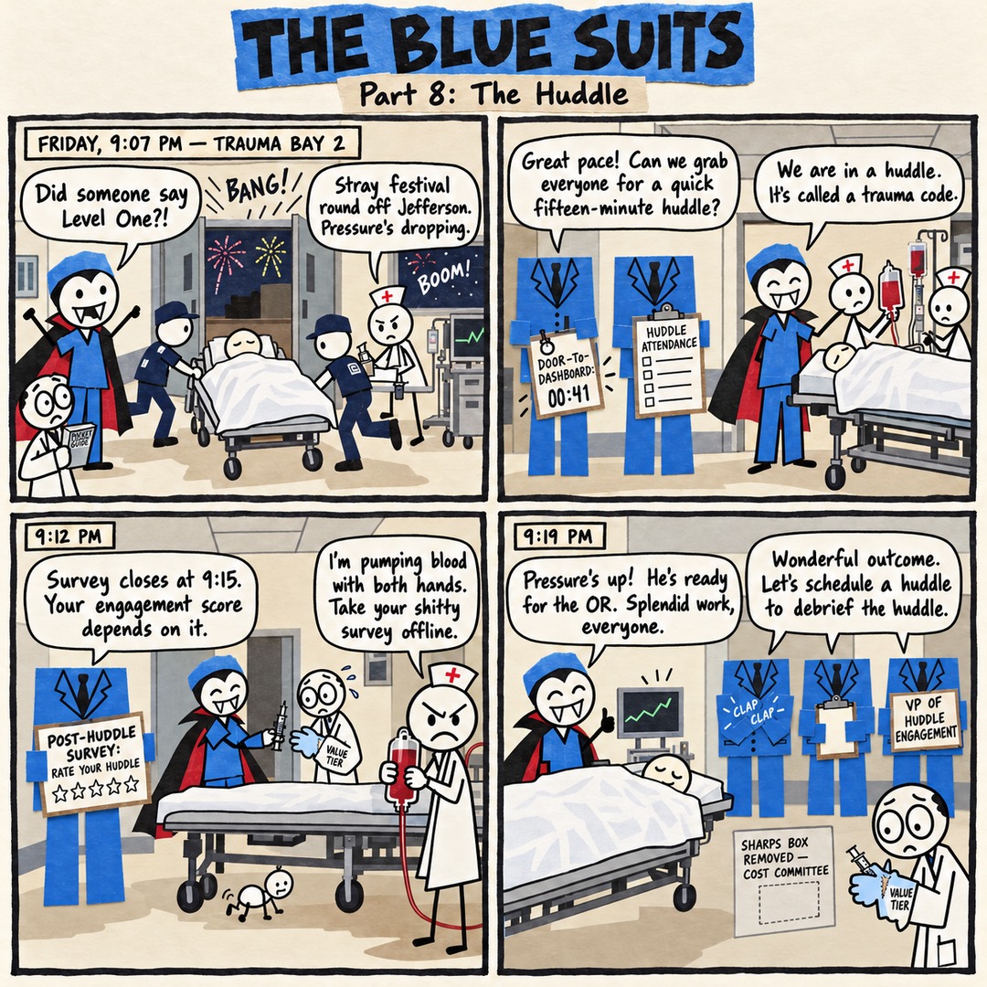 The Blue Suits comic strip, "Part 8: The Huddle": FRIDAY, 9:07 PM — TRAUMA BAY 2 Did someone say Level One?! Stray festival round off Jefferson. Pressure's dropping. Great pace! Can we grab everyone for a quick fifteen-minute huddle? We are in a huddle. It's called a trauma code. 9:12 PM Survey closes at 9:15. Your engagement score depends on it. I'm pumping blood with both hands. Take your shitty survey offline. 9:19 PM Pressure's up! He's ready for the OR. Splendid work, everyone. Wonderful outcome. Let's schedule a huddle to debrief the huddle.