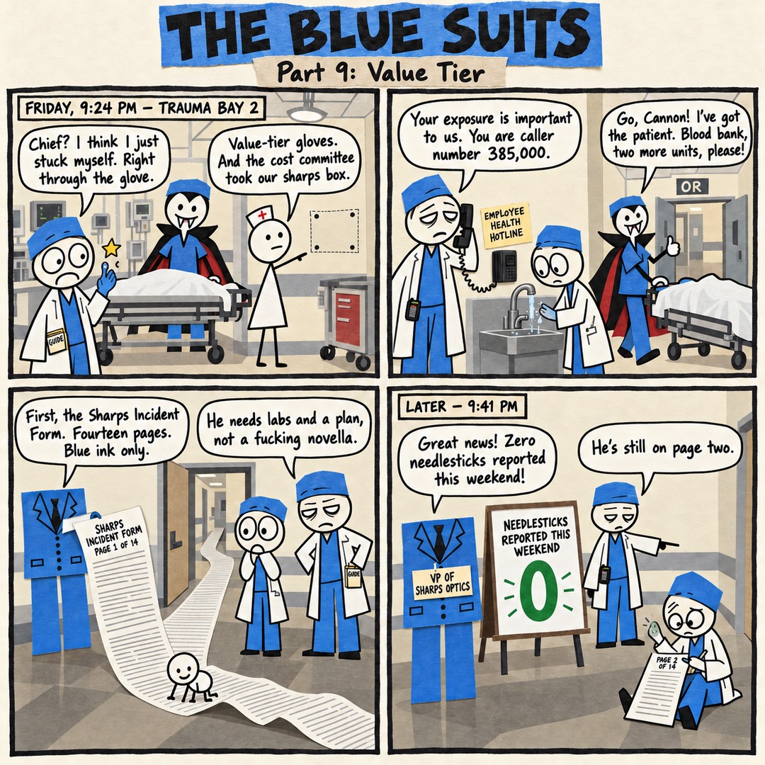 The Blue Suits comic strip, "Part 9: Value Tier": FRIDAY, 9:24 PM — TRAUMA BAY 2 Chief? I think I just stuck myself. Right through the glove. Value-tier gloves. And the cost committee took our sharps box. Your exposure is important to us. You are caller number 385,000. Go, Cannon! I've got the patient. Blood bank, two more units, please! First, the Sharps Incident Form. Fourteen pages. Blue ink only. He needs labs and a plan, not a fucking novella. LATER — 9:41 PM Great news! Zero needlesticks reported this weekend! He's still on page two.