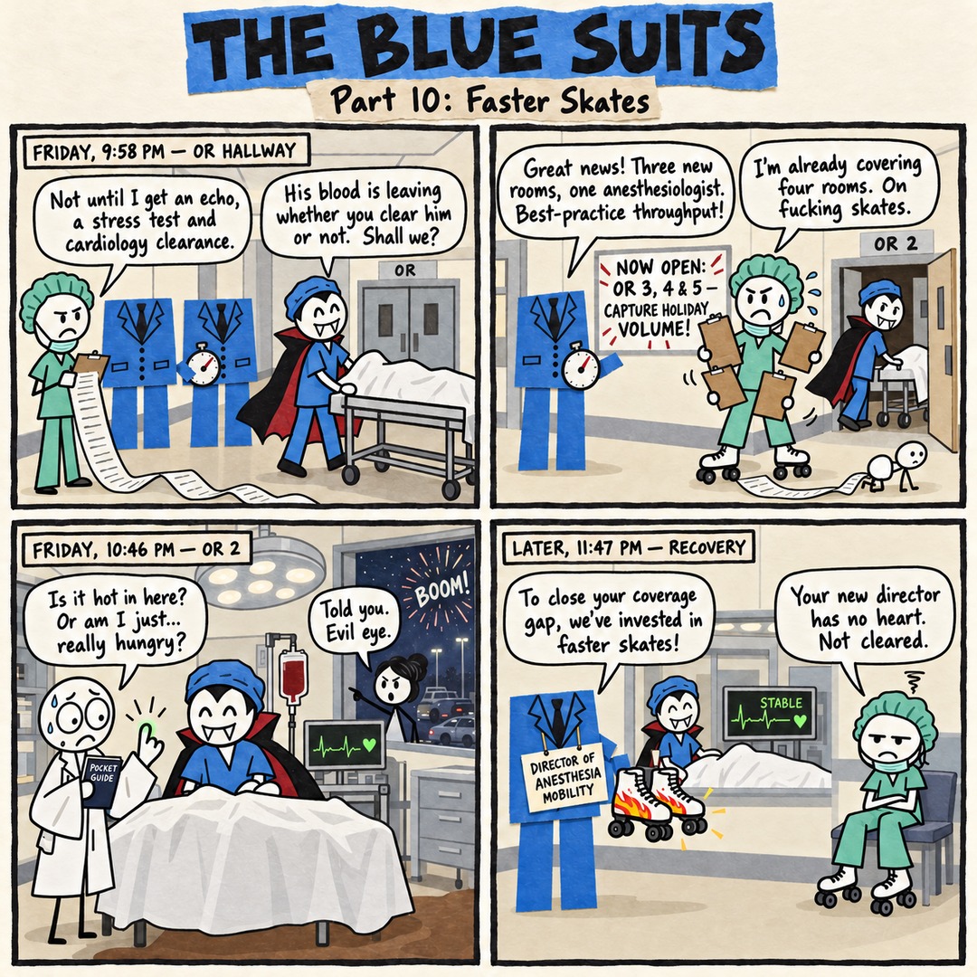The Blue Suits comic strip, "Part 10: Faster Skates": FRIDAY, 9:58 PM — OR HALLWAY Not until I get an echo, a stress test and cardiology clearance. His blood is leaving whether you clear him or not. Shall we? Great news! Three new rooms, one anesthesiologist. Best-practice throughput! I'm already covering four rooms. On fucking skates. FRIDAY, 10:46 PM — OR 2 Is it hot in here? Or am I just… really hungry? Told you. Evil eye. LATER, 11:47 PM — RECOVERY To close your coverage gap, we've invested in faster skates! Your new director has no heart. Not cleared.