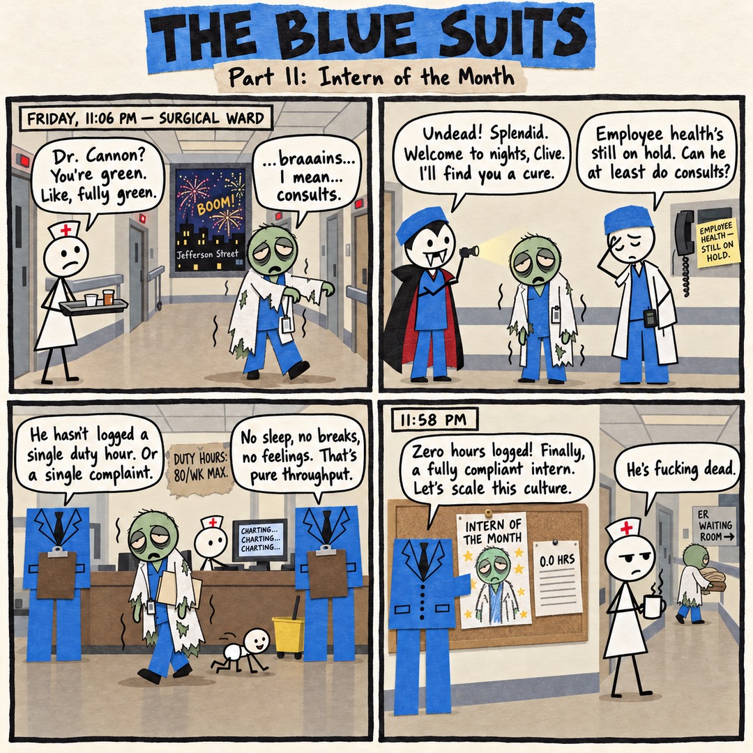 The Blue Suits comic strip, "Part 11: Intern of the Month": FRIDAY, 11:06 PM — SURGICAL WARD Dr. Cannon? You're green. Like, fully green. ...braaains... I mean... consults. Undead! Splendid. Welcome to nights, Clive. I'll find you a cure. Employee health's still on hold. Can he at least do consults? He hasn't logged a single duty hour. Or a single complaint. No sleep, no breaks, no feelings. That's pure throughput. 11:58 PM Zero hours logged! Finally, a fully compliant intern. Let's scale this culture. He's fucking dead.
