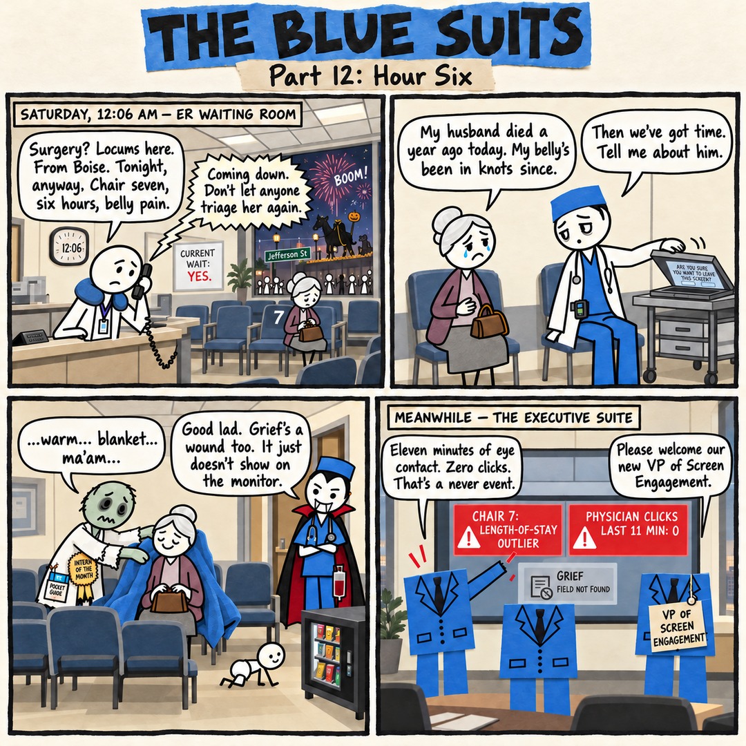 The Blue Suits comic strip, "Part 12: Hour Six": SATURDAY, 12:06 AM — ER WAITING ROOM Surgery? Locums here. From Boise. Tonight, anyway. Chair seven, six hours, belly pain. (off-panel, over the phone) Coming down. Don't let anyone triage her again. My husband died a year ago today. My belly's been in knots since. Then we've got time. Tell me about him. ...warm... blanket... ma'am... Good lad. Grief's a wound too. It just doesn't show on the monitor. MEANWHILE — THE EXECUTIVE SUITE Eleven minutes of eye contact. Zero clicks. That's a never event. Please welcome our new VP of Screen Engagement.