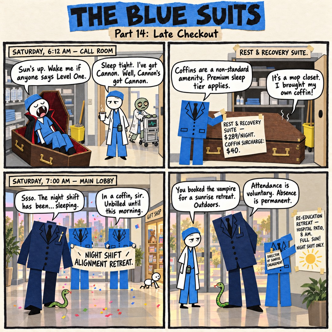 The Blue Suits comic strip, "Part 14: Late Checkout": SATURDAY, 6:12 AM — CALL ROOM Sun's up. Wake me if anyone says Level One. Sleep tight. I've got Cannon. Well, Cannon's got Cannon. Coffins are a non-standard amenity. Premium sleep tier applies. It's a mop closet. I brought my own coffin! SATURDAY, 7:00 AM — MAIN LOBBY Ssso. The night shift has been... sleeping. In a coffin, sir. Unbilled until this morning. You booked the vampire for a sunrise retreat. Outdoors. Attendance is voluntary. Absence is permanent.