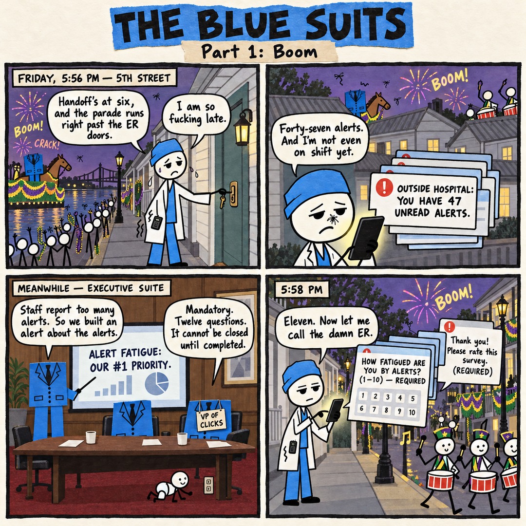 The Blue Suits comic strip, "Part 1: Boom": FRIDAY, 5:56 PM — 5TH STREET Handoff's at six, and the parade runs right past the ER doors. I am so fucking late. Forty-seven alerts. And I'm not even on shift yet. MEANWHILE — EXECUTIVE SUITE Staff report too many alerts. So we built an alert about the alerts. Mandatory. Twelve questions. It cannot be closed until completed. 5:58 PM Eleven. Now let me call the damn ER. Thank you! Please rate this survey. (REQUIRED)