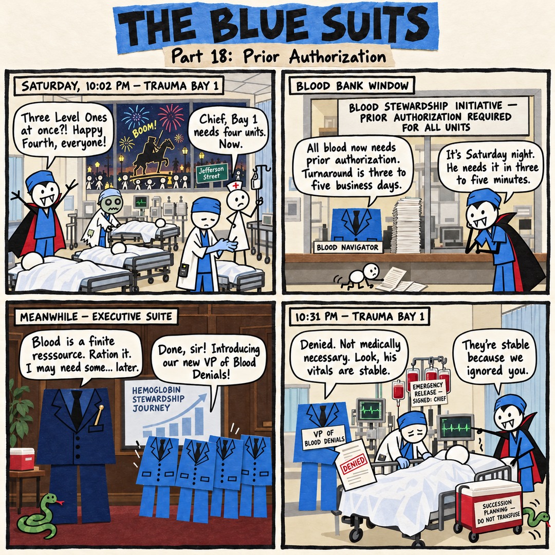 The Blue Suits comic strip, "Part 18: Prior Authorization": SATURDAY, 10:02 PM — TRAUMA BAY 1 Three Level Ones at once?! Happy Fourth, everyone! Chief, Bay 1 needs four units. Now. BLOOD BANK WINDOW All blood now needs prior authorization. Turnaround is three to five business days. It's Saturday night. He needs it in three to five minutes. MEANWHILE — EXECUTIVE SUITE Blood is a finite resssource. Ration it. I may need some... later. Done, sir! Introducing our new VP of Blood Denials! 10:31 PM — TRAUMA BAY 1 Denied. Not medically necessary. Look, his vitals are stable. They're stable because we ignored you.