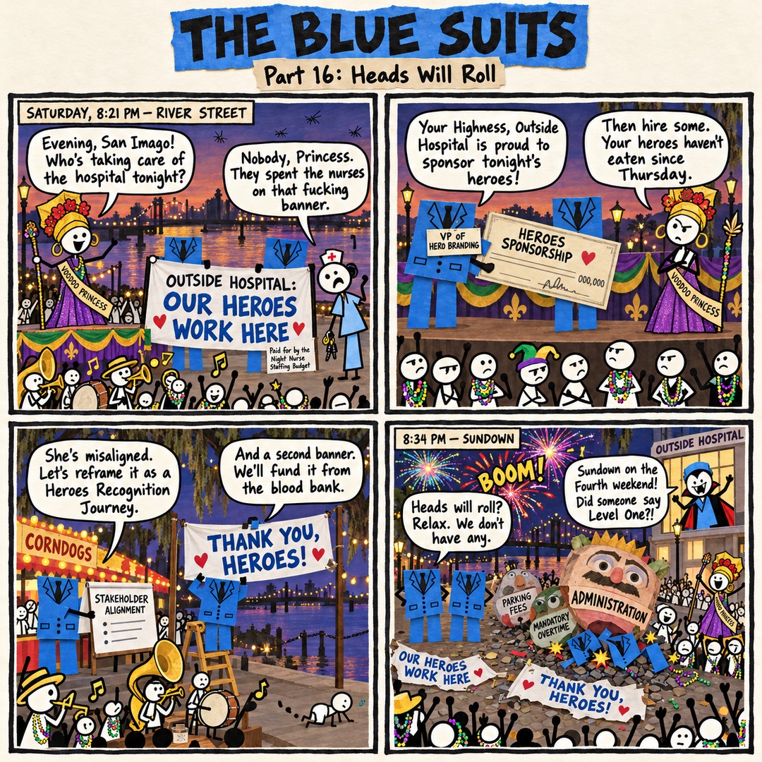 The Blue Suits comic strip, "Part 16: Heads Will Roll": SATURDAY, 8:21 PM — RIVER STREET Evening, San Imago! Who's taking care of the hospital tonight? Nobody, Princess. They spent the nurses on that fucking banner. Your Highness, Outside Hospital is proud to sponsor tonight's heroes! Then hire some. Your heroes haven't eaten since Thursday. She's misaligned. Let's reframe it as a Heroes Recognition Journey. And a second banner. We'll fund it from the blood bank. 8:34 PM — SUNDOWN Heads will roll? Relax. We don't have any. Sundown on the Fourth weekend! Did someone say Level One?!