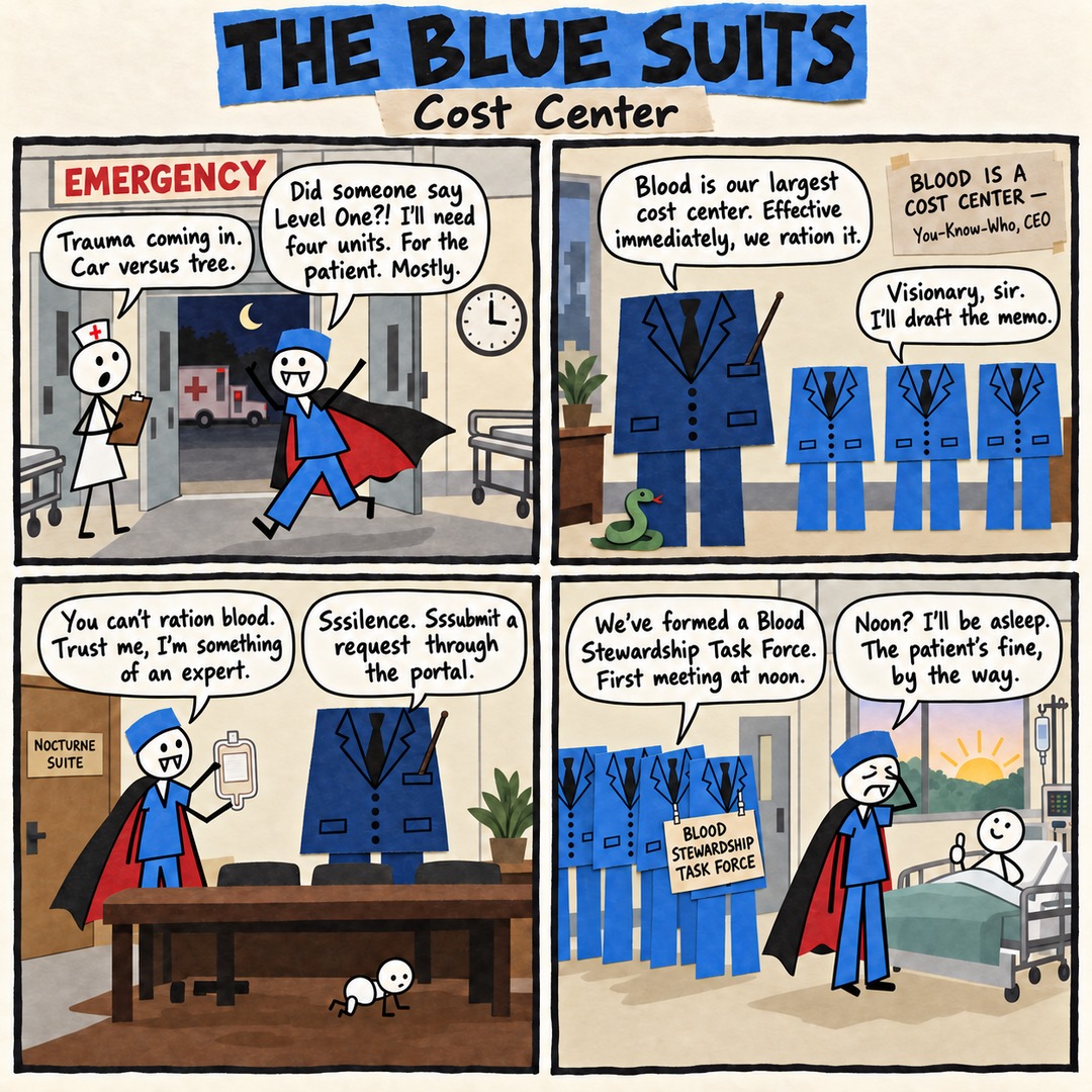 The Blue Suits comic strip, "Cost Center": Trauma coming in. Car versus tree. Did someone say Level One?! I'll need four units. For the patient. Mostly. BLOOD IS A COST CENTER — You-Know-Who, CEO Blood is our largest cost center. Effective immediately, we ration it. Visionary, sir. I'll draft the memo. You can't ration blood. Trust me, I'm something of an expert. Sssilence. Sssubmit a request through the portal. BLOOD STEWARDSHIP TASK FORCE We've formed a Blood Stewardship Task Force. First meeting at noon. Noon? I'll be asleep. The patient's fine, by the way.
