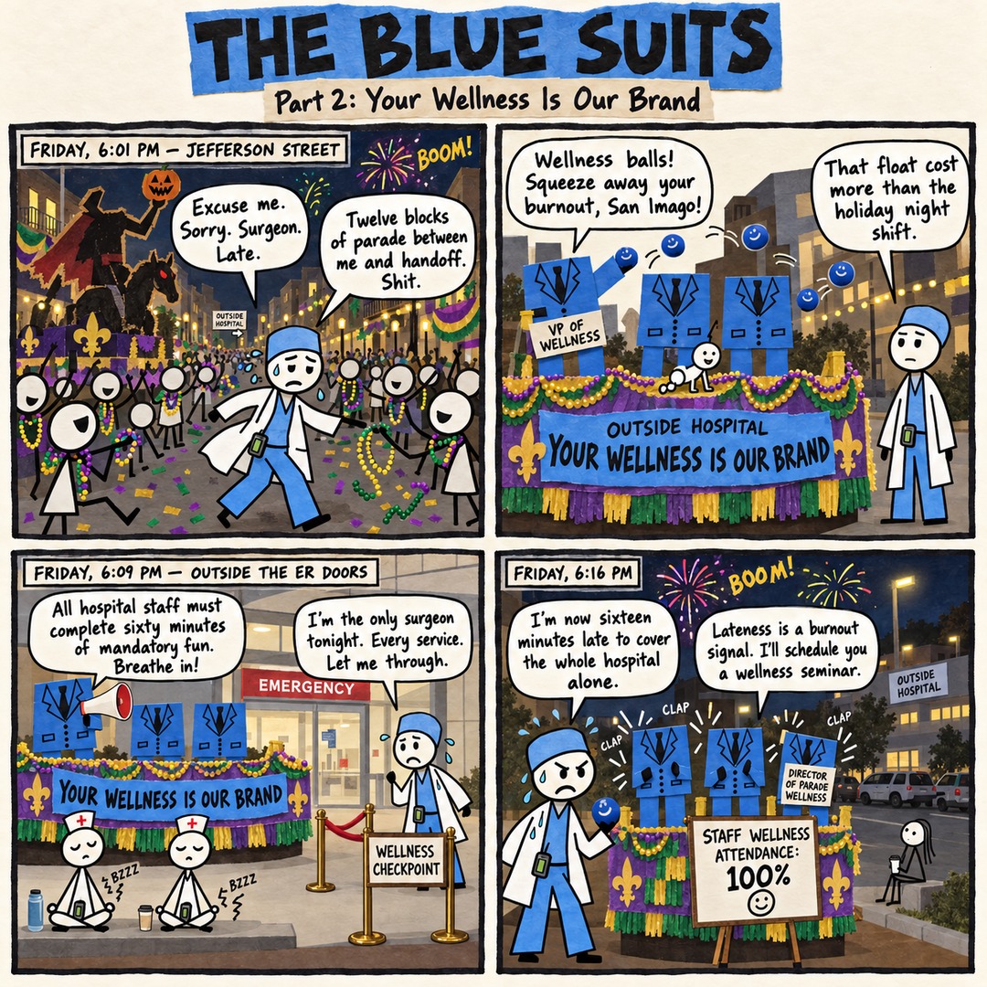 The Blue Suits comic strip, "Part 2: Your Wellness Is Our Brand": FRIDAY, 6:01 PM — JEFFERSON STREET Excuse me. Sorry. Surgeon. Late. Twelve blocks of parade between me and handoff. Shit. Wellness balls! Squeeze away your burnout, San Imago! That float cost more than the holiday night shift. FRIDAY, 6:09 PM — OUTSIDE THE ER DOORS All hospital staff must complete sixty minutes of mandatory fun. Breathe in! I'm the only surgeon tonight. Every service. Let me through. FRIDAY, 6:16 PM I'm now sixteen minutes late to cover the whole hospital alone. Lateness is a burnout signal. I'll schedule you a wellness seminar.