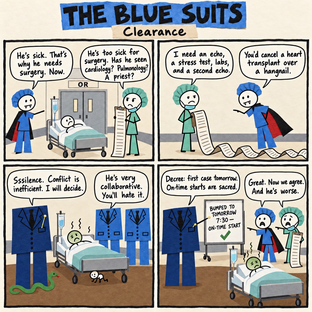 The Blue Suits comic strip, "Clearance": He's sick. That's why he needs surgery. Now. He's too sick for surgery. Has he seen cardiology? Pulmonology? A priest? I need an echo, a stress test, labs, and a second echo. You'd cancel a heart transplant over a hangnail. Sssilence. Conflict is inefficient. I will decide. He's very collaborative. You'll hate it. BUMPED TO TOMORROW 7:30 — ON-TIME START Decree: first case tomorrow. On-time starts are sacred. Great. Now we agree. And he's worse.