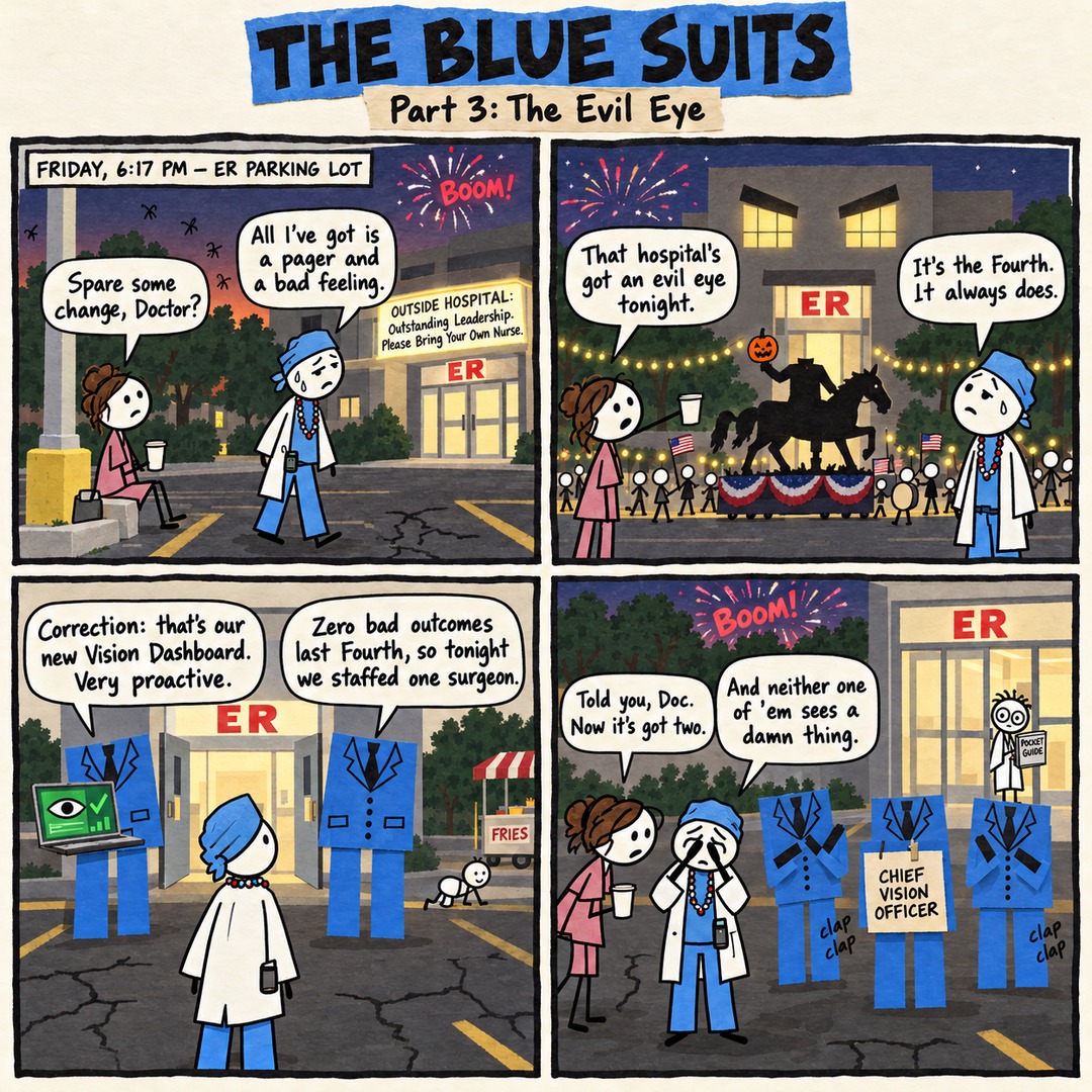 The Blue Suits comic strip, "Part 3: The Evil Eye": FRIDAY, 6:17 PM — ER PARKING LOT Spare some change, Doctor? All I've got is a pager and a bad feeling. That hospital's got an evil eye tonight. It's the Fourth. It always does. Correction: that's our new Vision Dashboard. Very proactive. Zero bad outcomes last Fourth, so tonight we staffed one surgeon. Told you, Doc. Now it's got two. And neither one of 'em sees a damn thing.