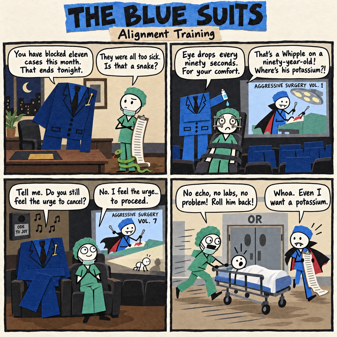 The Blue Suits comic strip, "Alignment Training": You have blocked eleven cases this month. That ends tonight. They were all too sick. Is that a snake? PERIOPERATIVE ALIGNMENT TRAINING AGGRESSIVE SURGERY VOL. 1 Eye drops every ninety seconds. For your comfort. That's a Whipple on a ninety-year-old! Where's his potassium?! VOL. 7 ODE TO JOY Tell me. Do you still feel the urge to cancel? No. I feel the urge... to proceed. No echo, no labs, no problem! Roll him back! Whoa. Even I want a potassium.