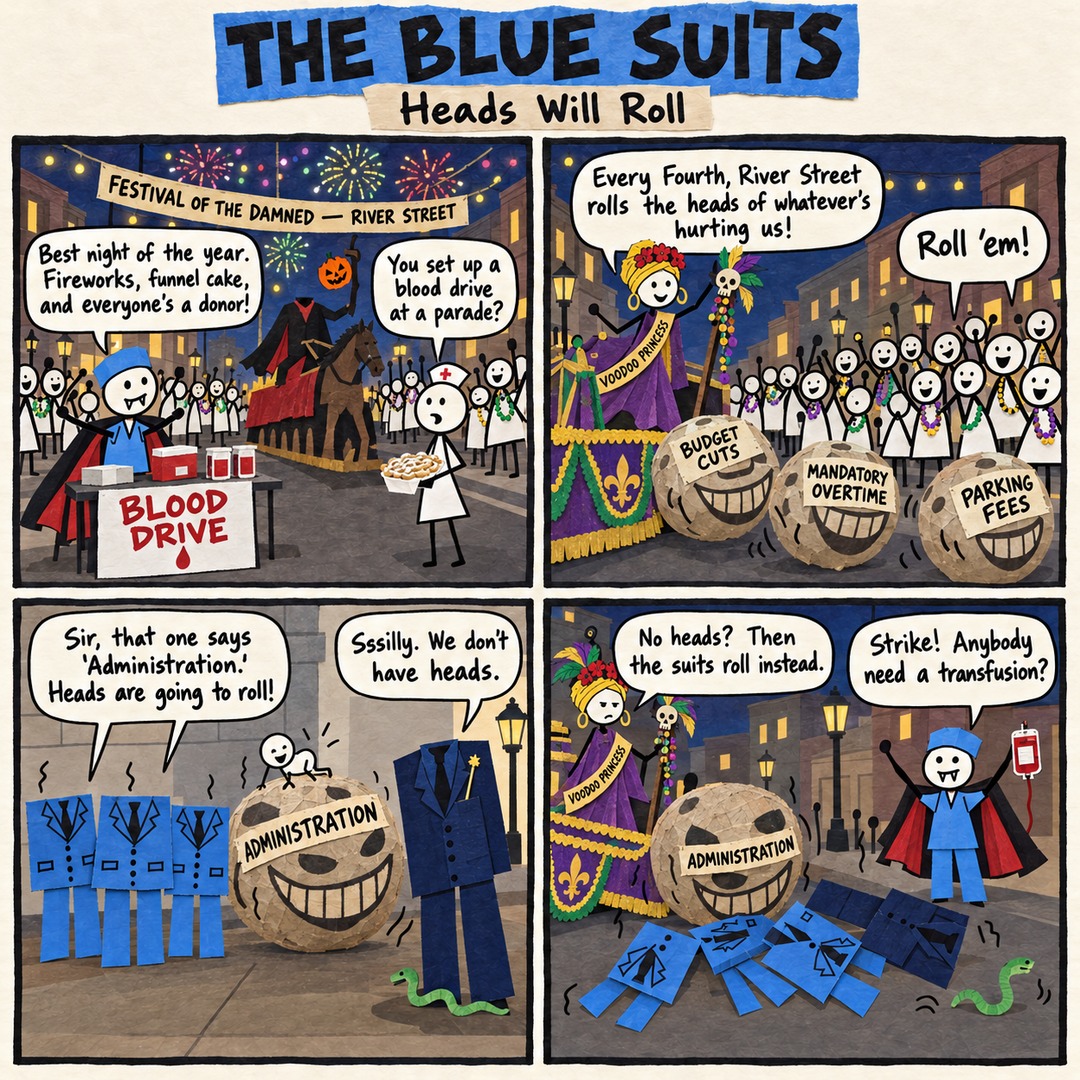 The Blue Suits comic strip, "Heads Will Roll": FESTIVAL OF THE DAMNED — RIVER STREET BLOOD DRIVE Best night of the year. Fireworks, funnel cake, and everyone's a donor! You set up a blood drive at a parade? BUDGET CUTS MANDATORY OVERTIME PARKING FEES Every Fourth, River Street rolls the heads of whatever's hurting us! Roll 'em! ADMINISTRATION Sir, that one says 'Administration.' Heads are going to roll! Sssilly. We don't have heads. No heads? Then the suits roll instead. Strike! Anybody need a transfusion?