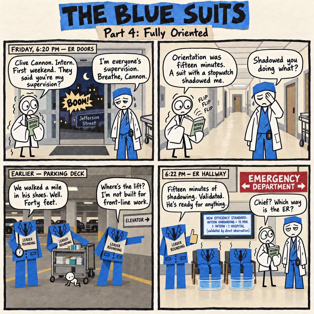 The Blue Suits comic strip, "Part 4: Fully Oriented": FRIDAY, 6:20 PM — ER DOORS Clive Cannon. Intern. First weekend. They said you're my supervision? I'm everyone's supervision. Breathe, Cannon. Orientation was fifteen minutes. A suit with a stopwatch shadowed me. Shadowed you doing what? EARLIER — PARKING DECK We walked a mile in his shoes. Well. Forty feet. Where's the lift? I'm not built for front-line work. 6:22 PM — ER HALLWAY Fifteen minutes of shadowing. Validated. He's ready for anything. Chief? Which way is the ER?