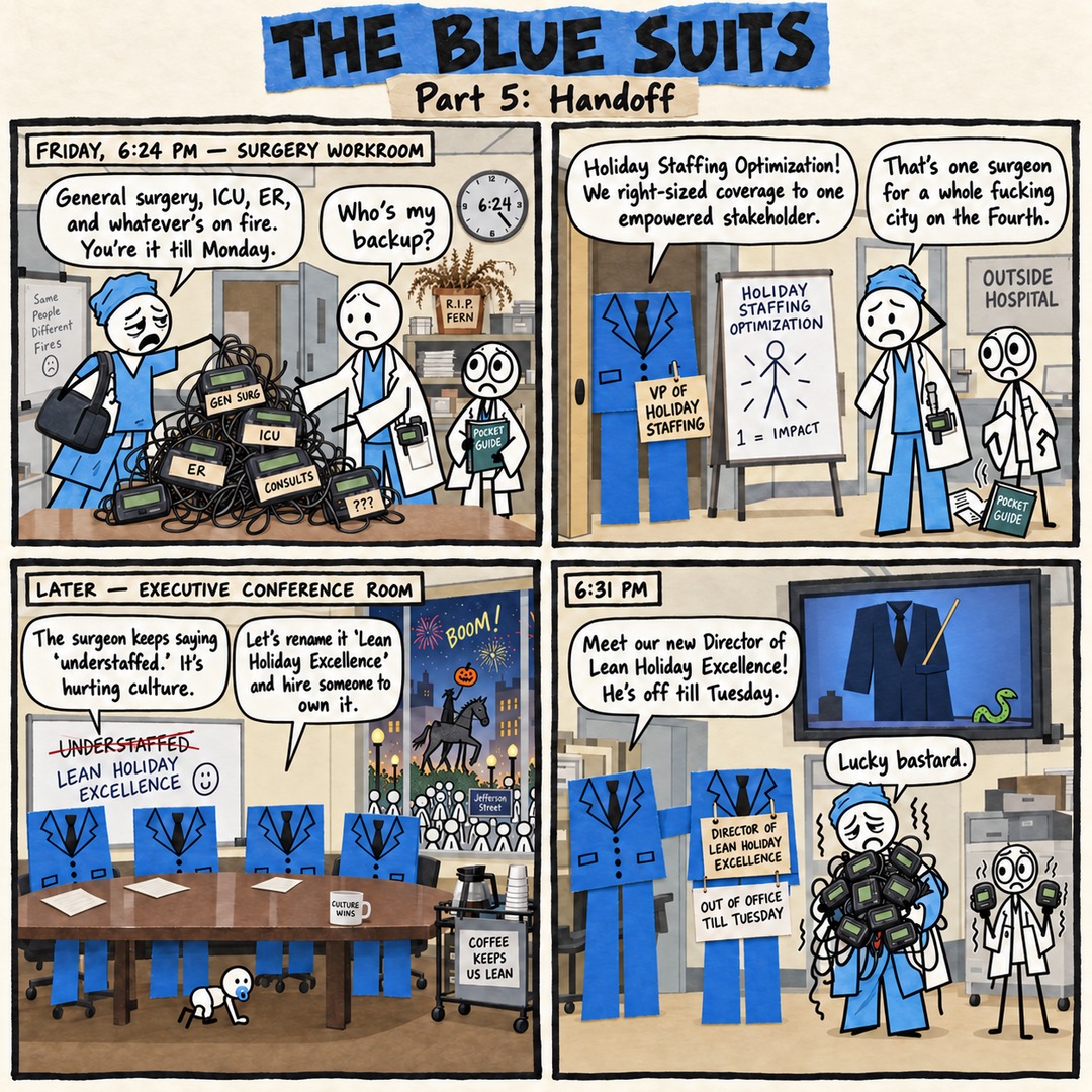 The Blue Suits comic strip, "Part 5: Handoff": FRIDAY, 6:24 PM — SURGERY WORKROOM General surgery, ICU, ER, and whatever's on fire. You're it till Monday. Who's my backup? Holiday Staffing Optimization! We right-sized coverage to one empowered stakeholder. That's one surgeon for a whole fucking city on the Fourth. LATER — EXECUTIVE CONFERENCE ROOM The surgeon keeps saying 'understaffed.' It's hurting culture. Let's rename it 'Lean Holiday Excellence' and hire someone to own it. 6:31 PM Meet our new Director of Lean Holiday Excellence! He's off till Tuesday. Lucky bastard.