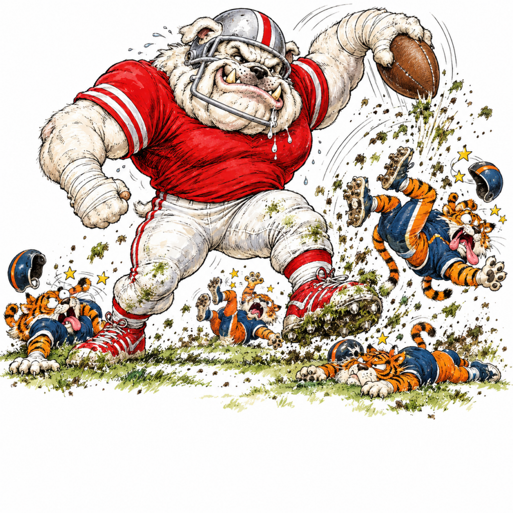 Illustrated Georgia-style bulldog for “Auburn!”