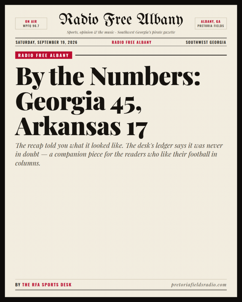 Radio Free Albany title card: By the Numbers: Georgia 45, Arkansas 17