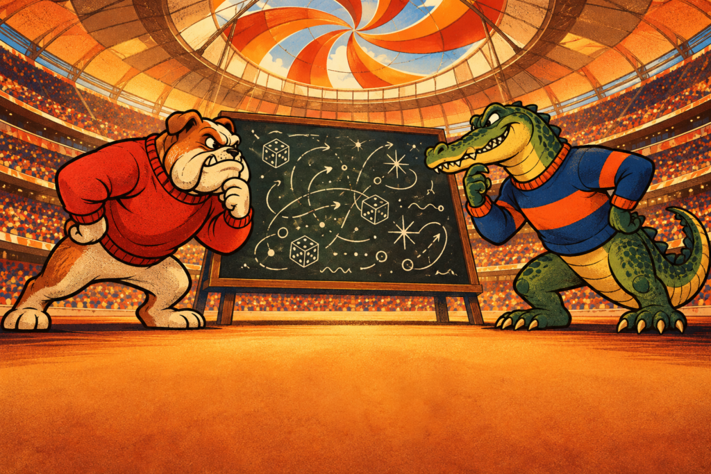 Illustration: a cartoon bulldog in a red sweater and a cartoon alligator in a blue-and-orange sweater study a chalkboard of diagrams and dice inside a domed stadium.