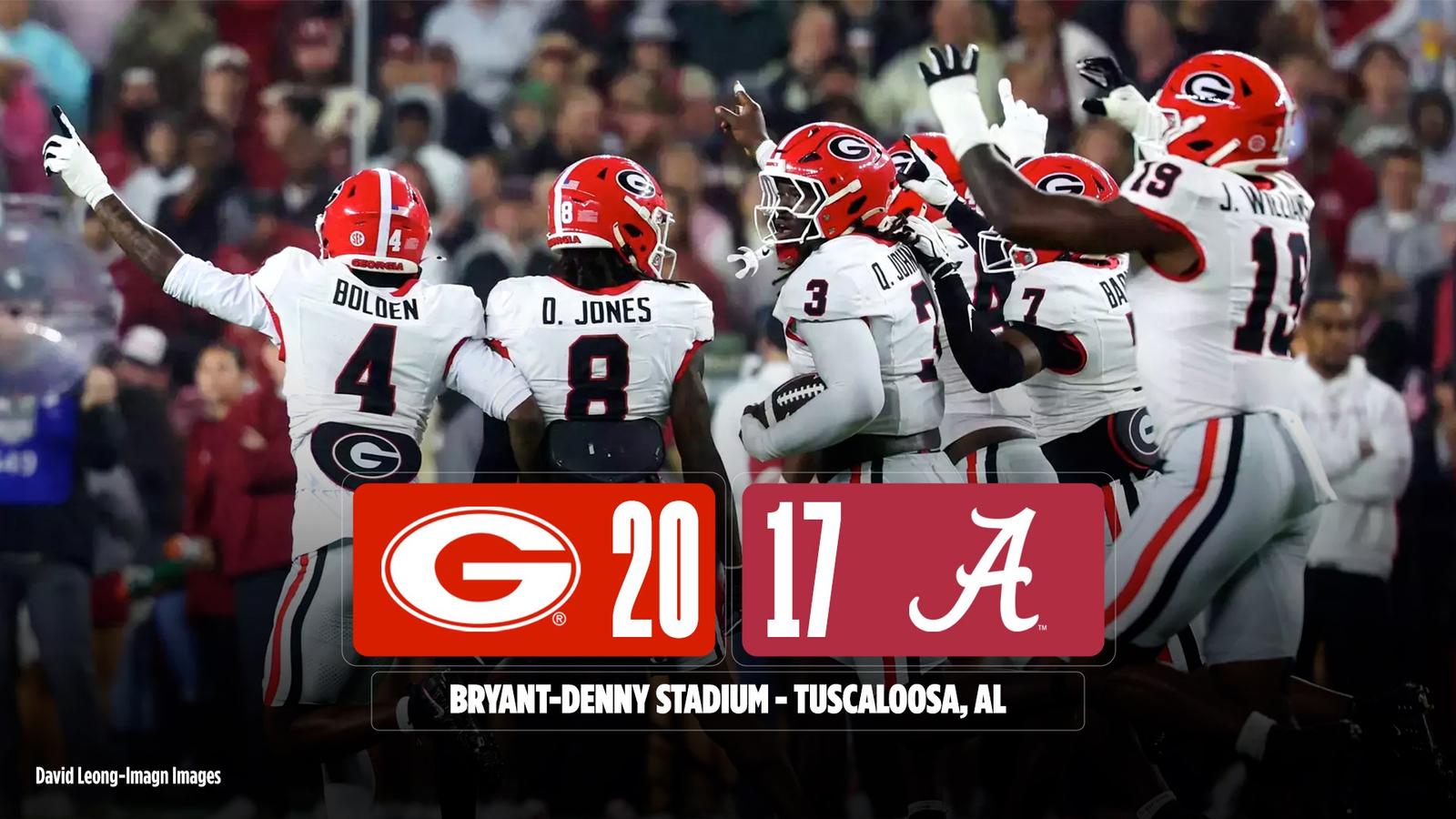UGA Athletics final-score graphic: Georgia 20, Alabama 17
