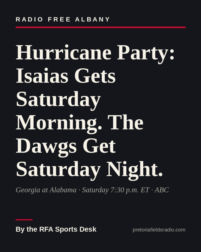 Title card: Hurricane Party: Isaias Gets Saturday Morning. The Dawgs Get Saturday Night. — By the RFA Sports Desk