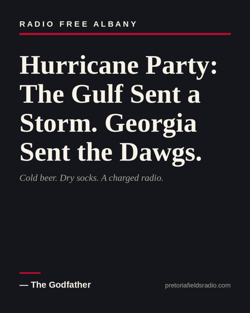 Title card: Hurricane Party: The Gulf Sent a Storm. Georgia Sent the Dawgs. — The Godfather