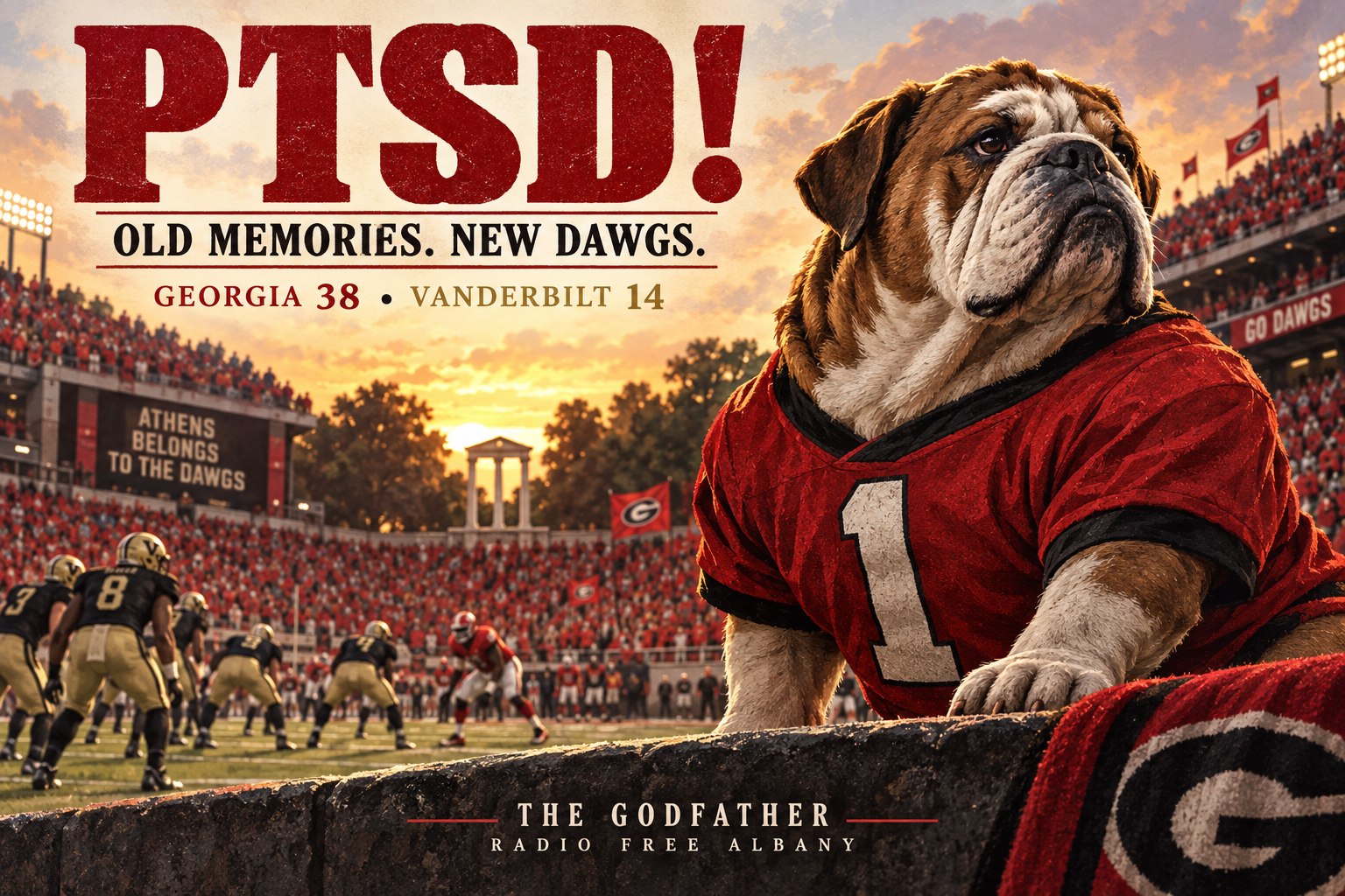 Poster for the Godfather column PTSD!: a bulldog in a red number 1 jersey looks over Sanford Stadium at sunset, Georgia 38, Vanderbilt 14
