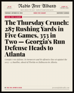 The Thursday Crunch: 287 Rushing Yards in Five Games, 353 in Two — Georgia’s Run Defense Heads to Atlanta
