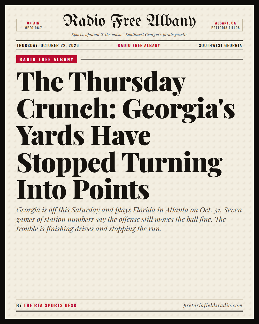 Title card: The Thursday Crunch: Georgia's Yards Have Stopped Turning Into Points — By the RFA Sports Desk